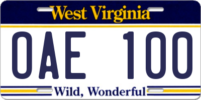WV license plate OAE100