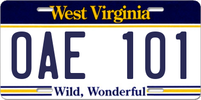 WV license plate OAE101