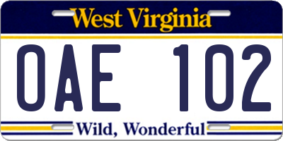 WV license plate OAE102