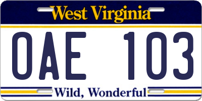 WV license plate OAE103