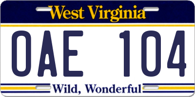 WV license plate OAE104