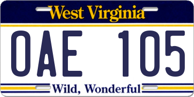 WV license plate OAE105