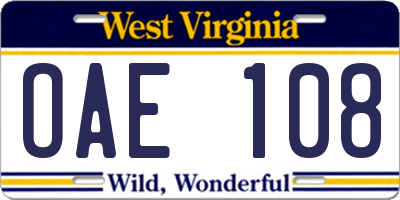 WV license plate OAE108