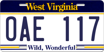 WV license plate OAE117