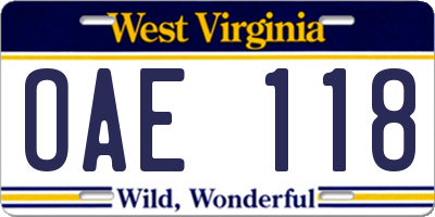 WV license plate OAE118