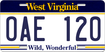 WV license plate OAE120