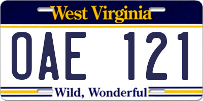WV license plate OAE121
