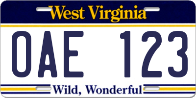 WV license plate OAE123
