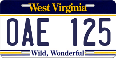 WV license plate OAE125