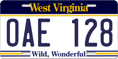 WV license plate OAE128