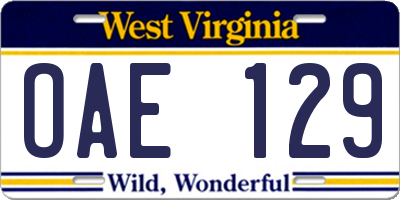 WV license plate OAE129
