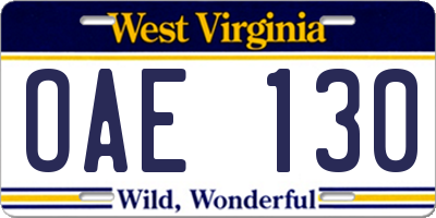 WV license plate OAE130