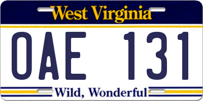 WV license plate OAE131