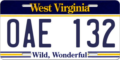WV license plate OAE132