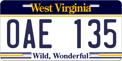 WV license plate OAE135