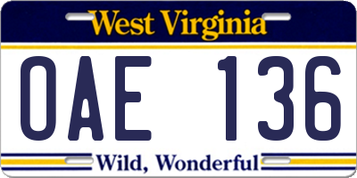 WV license plate OAE136