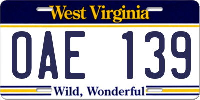 WV license plate OAE139