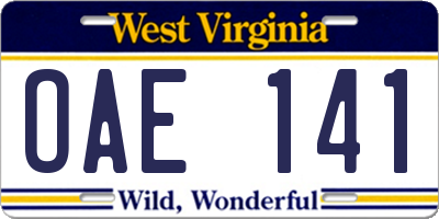 WV license plate OAE141