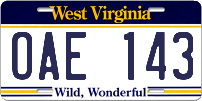 WV license plate OAE143