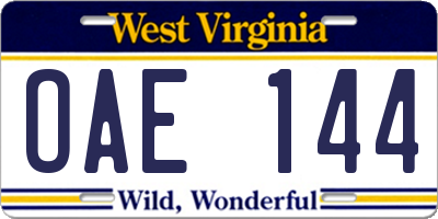 WV license plate OAE144