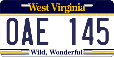 WV license plate OAE145