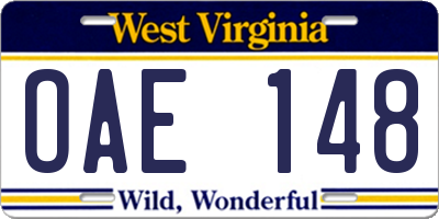 WV license plate OAE148