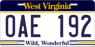 WV license plate OAE192