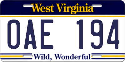 WV license plate OAE194