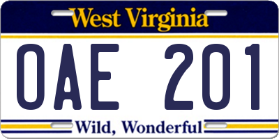 WV license plate OAE201