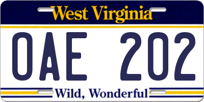 WV license plate OAE202