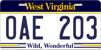 WV license plate OAE203