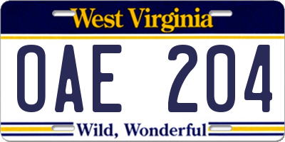 WV license plate OAE204
