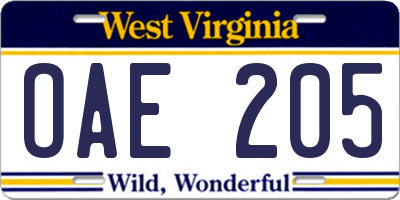 WV license plate OAE205