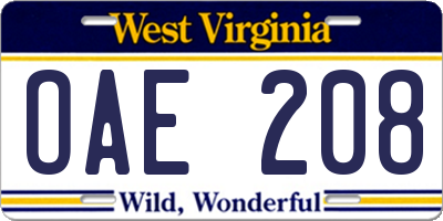 WV license plate OAE208
