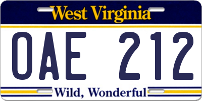 WV license plate OAE212