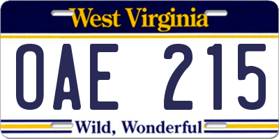 WV license plate OAE215