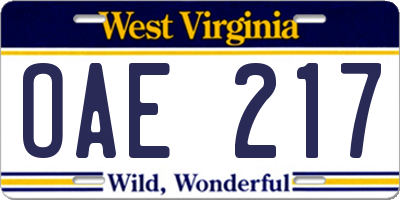 WV license plate OAE217