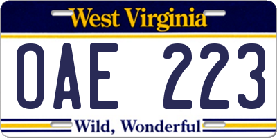 WV license plate OAE223