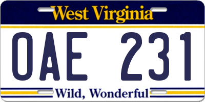 WV license plate OAE231
