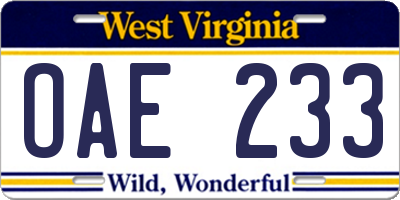 WV license plate OAE233