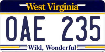 WV license plate OAE235