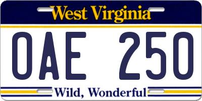 WV license plate OAE250