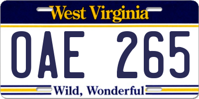 WV license plate OAE265