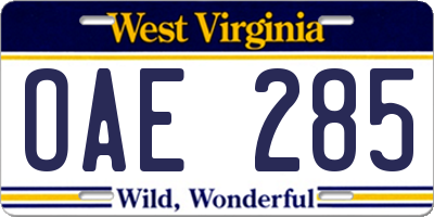 WV license plate OAE285