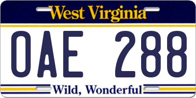 WV license plate OAE288