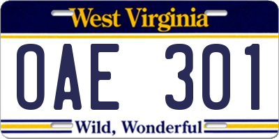 WV license plate OAE301