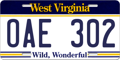 WV license plate OAE302