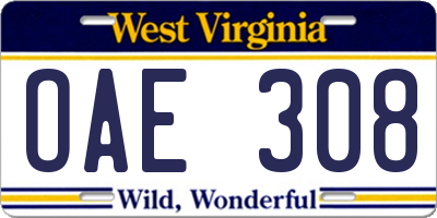 WV license plate OAE308