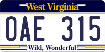 WV license plate OAE315