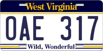 WV license plate OAE317